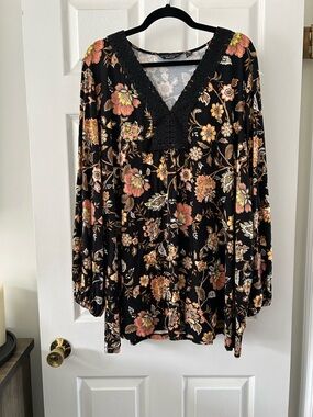 Susan Graver Black Floral V-Neck Tunic with Crochet Trim